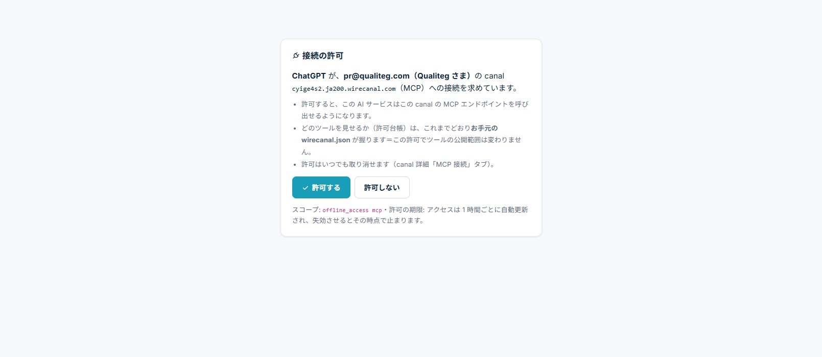 ChatGPTとMCP canalの接続同意画面